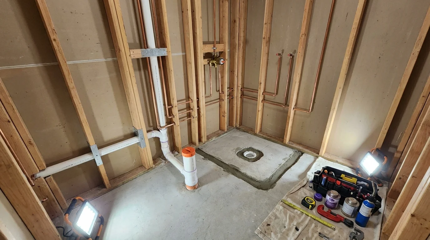 Bathroom rough-in plumbing during remodel by Johns Plumbing LLC in Duncan